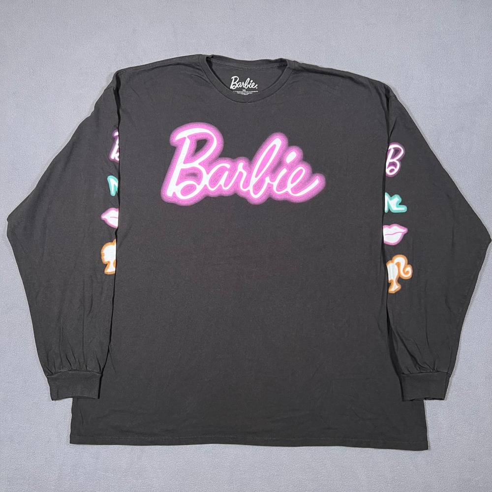 Barbie Graphic Long Sleeve T Shirt Womens 2X Black Neon Pink Sleeve Print Logo